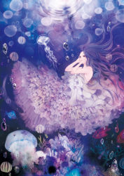 Rule 34 | 1girl, 24 ch, air bubble, bubble, commentary request, coral, dress, fish, frilled dress, frills, hands on own cheeks, hands on own face, jellyfish, long hair, original, purple eyes, purple hair, purple theme, sea urchin, solo, too many, too many frills, underwater