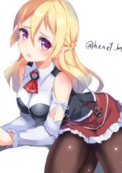 Rule 34 | 10s, 1girl, blonde hair, breasts, hat, henet hene, kantai collection, large breasts, long hair, miniskirt, open mouth, pantyhose, purple eyes, skirt, solo, wavy hair, zara (kancolle)