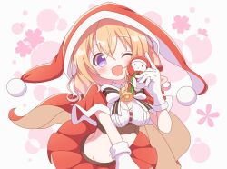 Rule 34 | 1girl, ;d, bell, blonde hair, bow, capelet, christmas, cleavage cutout, clothing cutout, commentary, crop top, gloves, gochuumon wa usagi desu ka?, holding, hood, hood up, hooded capelet, hoto cocoa, kirara fantasia, looking at viewer, medium hair, microskirt, midriff, navel, neck bell, neru (neruneruru), one eye closed, open mouth, purple eyes, red capelet, red skirt, shirt, skirt, smile, solo, standing, stuffed animal, stuffed rabbit, stuffed toy, white bow, white gloves, white shirt