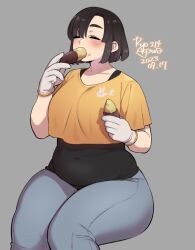 Rule 34 | 1girl, agawa ryou, black hair, breasts, closed eyes, crop top, denim, eating, food, gloves, jeans, large breasts, pants, plump, short hair, solo, sweet potato, thick eyebrows, thick thighs, thighs
