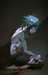 Rule 34 | 1boy, 57friend, absurdres, arm tattoo, back tattoo, bandaged hand, bandages, barefoot, black pants, blood, blood on face, bloody bandages, blue hair, dated, eyeshadow, from side, genshin impact, highres, makeup, male focus, multicolored hair, pants, profile, red eyeshadow, simple background, sitting, solo, tattoo, topless, torn clothes, torn pants, twitter username, xiao (genshin impact), yellow eyes