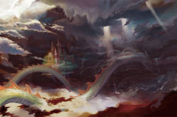 Rule 34 | castle, cloud, dragon, floating island, green (artist), light, scenery, sky