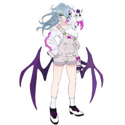 Rule 34 | 1girl, alternate hairstyle, animal, animal on shoulder, bare shoulders, black footwear, blue hair, blue wings, breasts, closed mouth, collarbone, dragon girl, dragon wings, elira pendora, elira pendora (1st costume), full body, gloves, grey overalls, hair ornament, hair over one eye, hand on own hip, head wings, highres, large breasts, long hair, long sleeves, looking at viewer, low wings, m r b, mascot, nijisanji, nijisanji en, off shoulder, one eye covered, overall shorts, overalls, pikl (elira pendora), ponytail, shoes, simple background, single glove, sketch, sleeves past fingers, sleeves past wrists, smile, socks, sweater, virtual youtuber, white background, white socks, white sweater, wings, x hair ornament