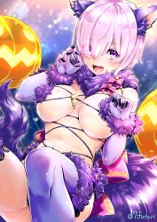 Rule 34 | 1girl, animal ears, bad id, bad pixiv id, breasts, elbow gloves, eyes visible through hair, fang, fate/grand order, fate (series), fur-trimmed gloves, fur trim, gloves, hair over one eye, halloween, halloween costume, jack-o&#039;-lantern, large breasts, looking at viewer, mash kyrielight, mash kyrielight (dangerous beast), nafutari, o-ring, o-ring top, official alternate costume, open mouth, pink hair, pumpkin, purple eyes, purple gloves, purple thighhighs, short hair, solo, tail, teeth, thighhighs, twitter username, wolf ears, wolf tail
