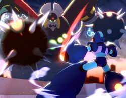 Rule 34 | 2boys, android, arm cannon, armor, ball and chain (weapon), blue armor, blue headwear, from behind, glowing, glowing eyes, highres, incoming attack, maoh the giant (mega man), mega man (series), mega man x3, mega man x (series), multiple boys, no-rishio, on roof, robot, shoulder armor, speed lines, spiked ball and chain, weapon, x (mega man)