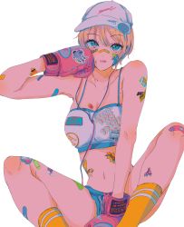 Rule 34 | 1girl, bandaid, bandaid on face, bandaid on nose, blonde hair, blue shorts, boxing gloves, feet out of frame, gloves, grey headwear, highres, midriff, najuco (naju0517), navel, original, pink gloves, print headwear, short hair, shorts, simple background, socks, solo, white background, yellow socks