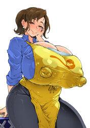 Rule 34 | 1girl, ahemaru, apron, ass, blush, breasts, brown eyes, brown hair, cleavage, covered erect nipples, creatures (company), curvy, earrings, embarrassed, game freak, gigantic breasts, hand on own face, henriiku (ahemaru), highres, huge areolae, huge ass, huge breasts, huge nipples, jewelry, large areolae, lips, long hair, looking at viewer, mature female, mother (pokemon), narrowed eyes, nintendo, paldea mother, pants, plump, pokemon, ponytail, puffy nipples, ring, seductive gaze, seductive smile, shirt, sitting, smile, solo, sweatdrop, thick thighs, thighs, tight clothes, tight pants, tight shirt, white background, wide hips
