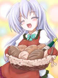Rule 34 | 1girl, alcohol, apron, basket, blush, bottle, bow, bread, closed eyes, clothes writing, dress, food, highres, holding, iesua nazarenus, long hair, mittens, new mask of hope, original, oven mitts, red mittens, smile, solo, teitoku, the last comer, touhou, white hair, wine, wine bottle