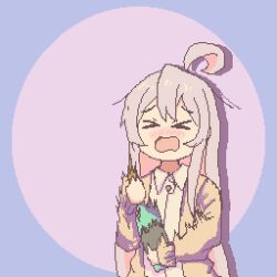 Rule 34 | &gt; &lt;, 1girl, ahoge, animated, animated gif, ayanami barrage (meme), blush, bottle, chen-qiujun, commentary request, facing viewer, genderswap, genderswap (mtf), grey hair, holding, holding bottle, long hair, looping animation, lowres, meme, nose blush, onii-chan wa oshimai!, open mouth, oyama mahiro, shaking, solo, upper body, wavy mouth