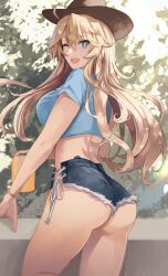 Rule 34 | 1girl, ahoge, ass, blonde hair, blue eyes, blue shirt, blue shorts, blush, breasts, brown hat, can, cowboy hat, crop top, denim, denim shorts, hair between eyes, hat, highres, holding, holding can, iowa (kancolle), kantai collection, kasumi (skchkko), large breasts, long hair, looking at viewer, looking back, micro shorts, one eye closed, open mouth, shirt, short shorts, short sleeves, shorts, smile, solo, star-shaped pupils, star (symbol), symbol-shaped pupils, teeth, upper teeth only