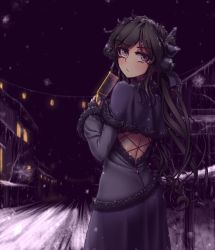 Rule 34 | 1girl, alternate costume, black dress, black hair, black nails, blush, brown eyes, building, cellphone, commentary, cowboy shot, dress, english text, from behind, fur-trimmed dress, fur-trimmed sleeves, fur trim, hair ribbon, hater (hatater), highres, himekaidou hatate, holding, holding phone, long hair, long sleeves, looking at viewer, looking back, nail polish, night, night sky, outdoors, phone, pom pom (clothes), purple ribbon, ribbon, sky, smartphone, snow, snowing, solo, standing, touhou