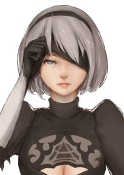 Rule 34 | 1girl, black dress, black gloves, blindfold, blindfold lift, breasts, cleavage, dress, expressionless, feather-trimmed sleeves, gloves, grey eyes, hairband, hepu, lips, looking at viewer, mole, mole under mouth, nier (series), nier:automata, nose, one eye covered, short hair, silver hair, simple background, solo, upper body, white background, 2b (nier:automata)