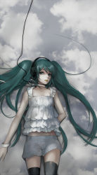 Rule 34 | 1girl, bad id, bad pixiv id, black thighhighs, bracelet, cable, chm, closed mouth, cloud, collarbone, cowboy shot, green eyes, green hair, hatsune miku, head tilt, headphones, jewelry, lips, lipstick, long hair, looking at viewer, lying, makeup, matching hair/eyes, on back, shorts, sky, solo, thighhighs, very long hair, vocaloid, zettai ryouiki