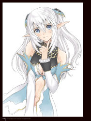 Rule 34 | 1girl, altina (shining blade), bare shoulders, blue eyes, breasts, center opening, cleavage, cleavage cutout, closed mouth, clothing cutout, detached sleeves, elf, frills, hair between eyes, hair ornament, half updo, highres, long hair, medium breasts, navel, navel cutout, official art, page number, pointy ears, scan, shining (series), shining blade, silver hair, simple background, skirt, sleeveless, smile, solo, tony taka, turtleneck, two side up, upper body, white background