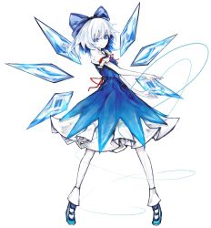 Rule 34 | 1girl, absurdres, alternate hair color, arm garter, blue bow, blue dress, blue eyes, blue footwear, bow, cirno, closed mouth, dress, female focus, full body, hair bow, highres, ice, ice wings, looking at viewer, neck ribbon, pale skin, puffy short sleeves, puffy sleeves, red ribbon, ribbon, shoes, short sleeves, silver hair, smile, solo, touhou, white background, wings, yutapon