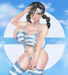 Rule 34 | 1girl, bare shoulders, black hair, blue eyes, breasts, bumibiro, candice (pokemon), cloud, creatures (company), game freak, highres, huge breasts, long hair, multi-tied hair, nintendo, poke ball, pokemon, pokemon dppt, swimsuit, thick thighs, thighs, yellow eyes