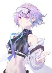 Rule 34 | absurdres, bare shoulders, commentary request, crop top, earrings, expressionless, fagun yibei, fresnel (neural cloud), girls&#039; frontline, girls&#039; frontline neural cloud, goggles, goggles on head, gradient neckwear, highres, id card, jacket, jewelry, looking at viewer, midriff, navel, off shoulder, pointing, pointing at viewer, purple eyes, purple hair, short hair, solo, upper body, white background, white jacket
