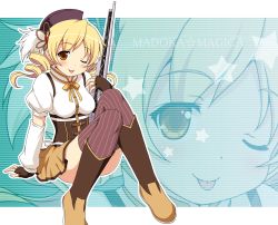 Rule 34 | 10s, 1girl, ;p, beret, blonde hair, detached sleeves, drill hair, fingerless gloves, gloves, gun, hat, magical girl, magical musket, mahou shoujo madoka magica, mahou shoujo madoka magica (anime), one eye closed, puffy sleeves, rifle, short hair, solo, striped clothes, striped thighhighs, thighhighs, tomoe mami, tongue, tongue out, twintails, vertical-striped clothes, vertical-striped thighhighs, weapon, wink, yamasan, yellow eyes, zoom layer