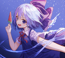 Rule 34 | 1girl, bad id, bad pixiv id, bare arms, blue dress, blue eyes, blue hair, bow, cirno, dress, food, hair bow, holding, ice, ice wings, lo-ta, looking at viewer, outstretched arm, popsicle, purple bow, red ribbon, ribbon, short hair, short sleeves, smile, solo, touhou, upper body, watermelon bar, wings