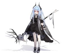 Rule 34 | animal skull, bandaged leg, bandages, black dress, black footwear, black nails, blue hair, bridal gauntlets, closed mouth, dress, facial mark, full body, holding, holding staff, horns, long hair, looking at viewer, nail polish, original, pointy ears, red eyes, saru, shadow, shoes, simple background, solo, staff, twitter username, very long hair, white background