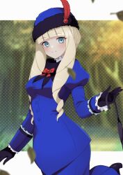 Rule 34 | 1girl, black footwear, black gloves, blonde hair, blue dress, blue eyes, blue hat, bow, buttons, campbell xx, commentary, cosplay, dianna soreil, dress, drill hair, facing viewer, feathers, frills, gloves, gundam, hat, hat feather, highres, holding, holding umbrella, kihel heim, kihel heim (cosplay), leaf, leg up, red bow, smile, solo, turn a gundam, umbrella