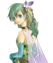 Rule 34 | 1990s (style), 1girl, aqua eyes, cape, choker, earrings, feathers, final fantasy, final fantasy iv, gloves, green hair, hair ornament, jewelry, long hair, looking at viewer, looking back, lowres, retro artstyle, rydia (ff4), see-through, simple background, solo, star (symbol), star earrings, white background