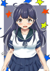 Rule 34 | 1girl, ahoge, black hair, blue background, blue skirt, breasts, brown eyes, collarbone, cowboy shot, dated, highres, kantai collection, large breasts, long hair, looking at viewer, open mouth, school uniform, senon, serafuku, shirt, skirt, smile, solo, star (symbol), starry background, twitter username, ushio (kancolle), white background, white shirt
