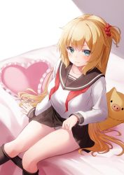 Rule 34 | 1girl, absurdres, akai haato, black pantyhose, blonde hair, blue eyes, blush, closed mouth, clothes lift, clothes pull, collarbone, commentary, from above, haaton (akai haato), hair ornament, hair scrunchie, heart, heart-shaped pillow, highres, hololive, lifted by self, looking at viewer, neckerchief, nyan (reinyan 007), on bed, one side up, panties, pantyhose, pantyhose pull, pantyshot, pillow, red neckerchief, sailor collar, school uniform, scrunchie, serafuku, sidelocks, sitting, skirt, skirt lift, smile, solo, underwear, untied, virtual youtuber, white panties