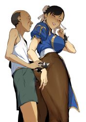 Rule 34 | 1boy, 1girl, absurdres, age difference, ass, bracelet, breasts, capcom, chun-li, double bun, erection, hair bun, highres, humping, jewelry, large breasts, old, old man, pantyhose, size difference, spiked bracelet, spikes, street fighter