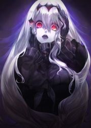 Rule 34 | 10s, 1girl, abyssal ship, aircraft carrier water oni, black dress, breasts, dress, female focus, glowing, glowing eyes, gradient background, hair ornament, hands on own head, kantai collection, large breasts, long hair, long sleeves, looking at viewer, open mouth, pale skin, purple background, red eyes, ribbed dress, shaded face, solo, tautiki, upper body, very long hair, white hair, yandere trance
