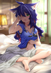 Rule 34 | 1girl, ahoge, animal ear fluff, animal ears, blue nails, blue shirt, blurry, blurry background, bottomless, breasts, cleavage, clothes lift, commentary request, curtains, depth of field, green eyes, hair between eyes, highres, indoors, long hair, medium breasts, multicolored hair, nail polish, navel, on bed, one eye closed, open mouth, original, pillow, pink hair, purple hair, rubbing eyes, scratching, shirt, shirt lift, short sleeves, sitting, solo, stomach, streaked hair, teeth, toenail polish, toenails, torn clothes, torn shirt, two-tone hair, tyone, upper teeth only, very long hair, waking up, window