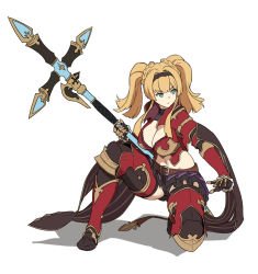 Rule 34 | 1girl, belt, black hairband, blonde hair, boots, braid, breasts, cleavage, full body, granblue fantasy, granblue fantasy versus, green eyes, hairband, high heel boots, high heels, highres, holding, holding weapon, houtengeki, large breasts, long hair, midriff, navel, polearm, purple skirt, red footwear, shadow, simple background, skirt, solo, spear, thigh boots, thighhighs, twintails, weapon, white background, zeta (granblue fantasy)