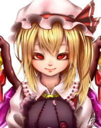 Rule 34 | 1girl, artist name, bad id, bad pixiv id, blonde hair, closed mouth, commentary request, crystal, eyebrows hidden by hair, eyelashes, flandre scarlet, frilled shirt collar, frills, hair between eyes, half-closed eyes, hat, hat ribbon, holding, holding stuffed toy, kireiaiga, lips, looking at viewer, medium hair, mob cap, nostrils, one side up, pink hat, puffy short sleeves, puffy sleeves, red eyes, red ribbon, red vest, ribbon, short sleeves, simple background, smile, solo, stuffed animal, stuffed toy, teddy bear, touhou, upper body, upturned eyes, vest, white background, wings, yellow neckwear