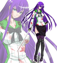 Rule 34 | 1girl, bad id, bad pixiv id, blood, blood on clothes, blue eyes, bow, breasts, busujima saeko, elbow pads, covered erect nipples, gloves, highschool of the dead, large breasts, long hair, purple hair, scabbard, sheath, shin guards, skirt, solo, sword, thighhighs, weapon, zoom layer, zucchini