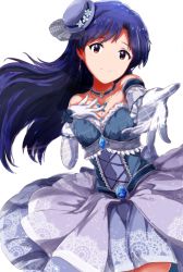 Rule 34 | 1girl, blue hair, blue hat, breasts, brown eyes, cowboy shot, detachedlseves, dress, floating hair, gloves, grey dress, grey gloves, hat, idolmaster, idolmaster (classic), idolmaster one for all, jewelry, kisaragi chihaya, long hair, looking at viewer, mini hat, necklace, outstretched arm, ryuusei (ryuse1116), simple background, sleeveless, sleeveless dress, small breasts, smile, solo, sparkle, standing, strapless, strapless dress, very long hair, white background