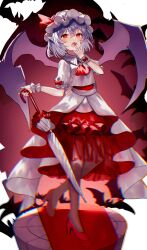 Rule 34 | 1girl, ascot, bat wings, blue hair, chromatic aberration, dress, fang, highres, holding, holding umbrella, looking at viewer, open mouth, pointy ears, red ascot, red eyes, red footwear, remilia scarlet, sakizaki saki-p, shoes, skin fang, solo, touhou, umbrella, white dress, wings, wrist cuffs