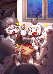 Rule 34 | 0 0, 10s, 6+girls, ^^^, abyssal ship, airfield princess, anger vein, anklet, backpack, bag, barefoot, battleship princess, black hair, cake, card game, claws, destroyer princess, enemy aircraft (kancolle), fish, food, gloves, gooster, hat, hood, hooded jacket, horns, i-class destroyer, jacket, jewelry, kantai collection, long hair, mittens, monster, multiple girls, nagato (kancolle), northern ocean princess, open mouth, pale skin, purple eyes, re-class battleship, red eyes, seaport princess, sharp teeth, side ponytail, sitting, snorkel, sweatdrop, teeth, white hair