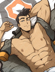 Rule 34 | 1boy, abs, arm behind head, bara, bed, black hair, closed mouth, grey jacket, highres, jacket, unworn jacket, kuroshinki, large pectorals, looking at viewer, lying, male focus, muscular, muscular male, navel, nipples, on back, on bed, pectorals, short hair, smile, solo, sweat, takashi shirogane, upper body, veins, veiny arms, voltron: legendary defender, voltron (series)