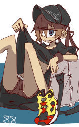 Rule 34 | 1girl, blue eyes, clothes lift, cyclops, female focus, grin, hat, highres, monster girl, one-eyed, original, sharp teeth, shirt lift, shoes, shorts, smile, sneakers, solo, teeth, tomatojam, twintails