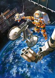 Rule 34 | 1girl, animal, astronaut, bicycle, brown hair, commentary, earth (planet), english commentary, green eyes, looking away, noki (affabile), open mouth, original, outdoors, planet, smile, solo, space, space station, spacesuit, star (sky), zero gravity