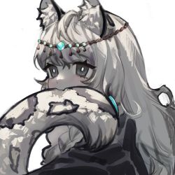Rule 34 | 1girl, animal ear fluff, animal ears, arknights, biting, biting own tail, black jacket, blush, braid, commentary request, da longxia, grey eyes, grey hair, hair between eyes, highres, jacket, leopard ears, leopard girl, leopard tail, long hair, pramanix (arknights), simple background, solo, tail, tail biting, thick eyebrows, upper body, white background
