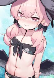 Rule 34 | 1girl, aori (binnoaori), bikini, black bikini, black bow, black wings, blue archive, blush, bow, breasts, closed mouth, collarbone, commentary request, cowboy shot, double-parted bangs, feathered wings, floral print, front-tie bikini top, front-tie top, hair between eyes, hair bow, hair over shoulder, head wings, highres, koharu (blue archive), koharu (swimsuit) (blue archive), long hair, looking at viewer, low twintails, low wings, navel, nose blush, official alternate costume, pink eyes, pink hair, print bikini, small breasts, solo, swimsuit, twintails, wings