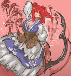 Rule 34 | 1girl, breasts, cleavage, dress, hair bobbles, hair ornament, highres, large breasts, long hair, long sleeves, nameo (judgemasterkou), onozuka komachi, puffy long sleeves, puffy sleeves, red eyes, red hair, scythe, solo, touhou, two side up