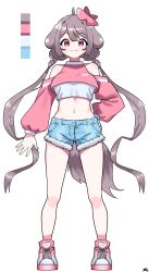 Rule 34 | 1girl, :3, absurdres, crop top, denim, full body, grey hair, highres, jeans, low twintails, midriff, navel, pants, pink footwear, pink shirt, real life, red eyes, shirt, short shorts, shorts, smile, solo, tagme, tosyeo, twintails, yangazi (dkwl025)