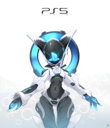 Rule 34 | 1girl, faceless, game console, highres, jewelry, logo, mecha musume, mechanical ears, no eyes, open hands, original, playstation 5, rati (absoluteblue), ring, robot, solo