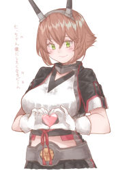 Rule 34 | 1girl, az toride, breasts, brown hair, capelet, crest, flipped hair, gloves, green eyes, hairband, headgear, heart, heart hands, kantai collection, large breasts, looking at viewer, mutsu (kancolle), mutsu kai ni (kancolle), radio antenna, short hair, simple background, smile, solo, translation request, white background, white gloves