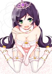 Rule 34 | 10s, 1girl, :d, blush, breasts, cleavage, dress, from above, garter straps, green eyes, large breasts, long hair, looking at viewer, love live!, love live! school idol festival, love live! school idol project, open mouth, ponkotsu (ayarosu), purple hair, sitting, smile, solo, thighhighs, tojo nozomi, twintails, very long hair, wariza, wedding dress, white thighhighs