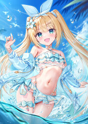 Rule 34 | 1girl, :d, absurdres, akabane (zebrasmise), bikini, blonde hair, blue bikini, blue eyes, blue sky, breasts, cloud, commentary request, day, frilled bikini, frills, hairband, highres, long hair, looking at viewer, mixed-language commentary, mononobe alice, navel, nijisanji, open mouth, outdoors, partially submerged, revision, sky, small breasts, smile, solo, stomach, swimsuit, twintails, virtual youtuber, wet, white hairband