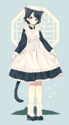 Rule 34 | 1girl, animal ears, apron, black dress, black eyes, black footwear, black hair, blush, cat ears, cat girl, cat tail, closed mouth, dress, frilled apron, frilled dress, frills, full body, green background, head tilt, highres, long sleeves, looking at viewer, maid, original, pleated dress, shadow, shoes, silltare, sleeves past wrists, socks, solo, sparkle, standing, tail, white apron, white socks