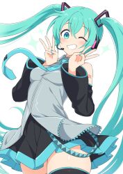 Rule 34 | 1girl, aqua eyes, aqua hair, aqua nails, aqua necktie, arm tattoo, black footwear, black skirt, black sleeves, blush, boots, breasts, commentary, crossed bangs, detached sleeves, double w, fingernails, grey shirt, grin, hair between eyes, hair ornament, hatsune miku, headphones, highres, kamuraaa 615, long hair, looking at viewer, medium breasts, microphone, miku day, nail polish, necktie, number tattoo, one eye closed, pleated skirt, shirt, simple background, skindentation, skirt, sleeveless, sleeveless shirt, smile, solo, sparkle, tattoo, thigh boots, tie clip, twintails, very long hair, vocaloid, w, white background